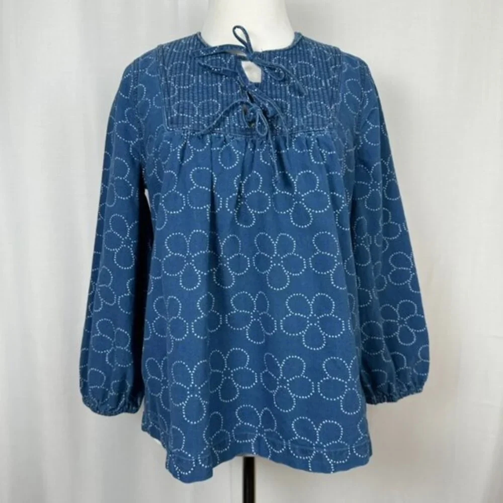 Madewell Indigo Floral Quilted Tie Front Bib Top XS Peasant Country Blouse NB613